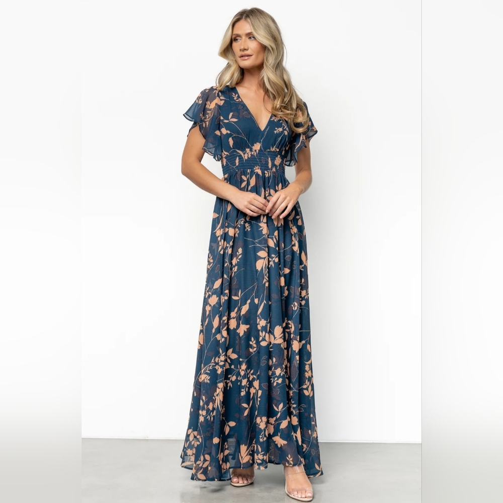 Baltic Born Blue and Tan Floral Maxi Dress
